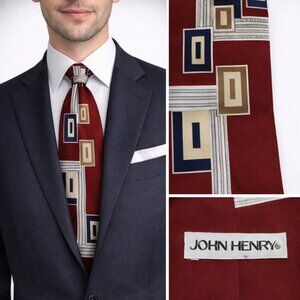 John Henry Silk Necktie Burgundy Geometric Mens Dress Tie Vintage USA